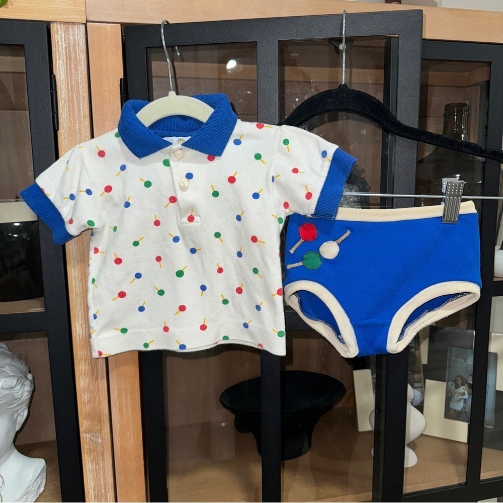 80s Vintage Florence Eiseman baby boy set polo shorts appliqué embroidery sucker